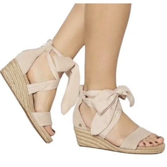 UGG Australia Trina Suede Espadrille Sandals Womens 6 Wedge Ribbon Tie Nude - Picture 1 of 13